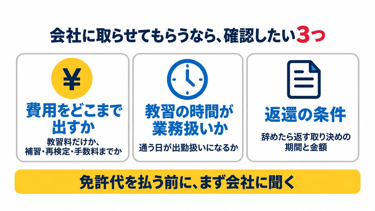 会社に取らせてもらうなら確認したい3つ。費用をどこまで出すか、教習の時間が業務扱いか、返還の条件