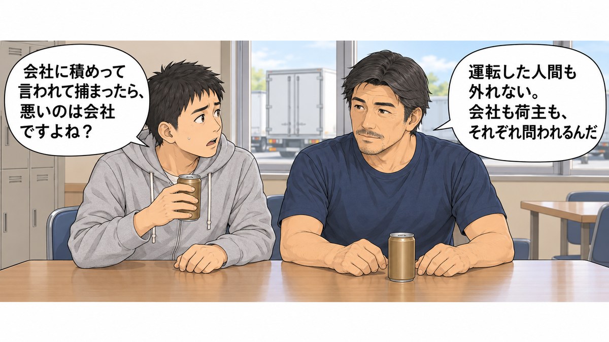 車庫の休憩室で、後輩が「会社に積めって言われて捕まったら悪いのは会社ですよね」と聞き、先輩が「運転した人間も外れない」と答える1コマ漫画