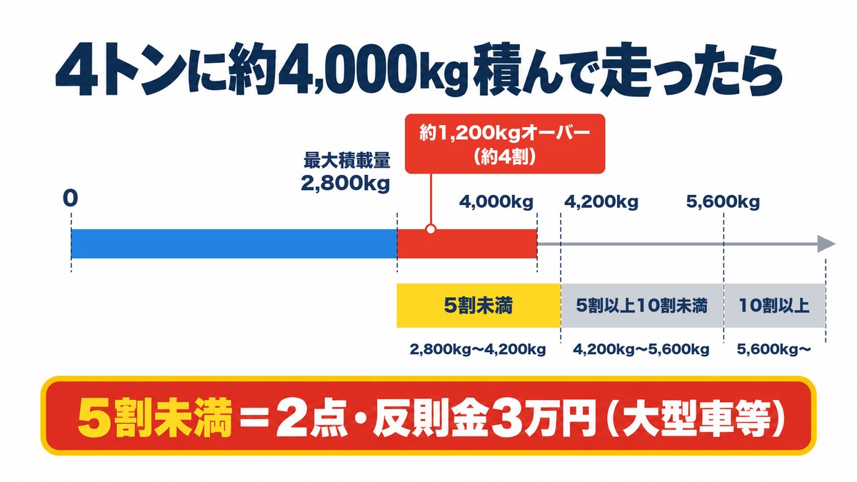 最大積載量2,800kgの4トンに約4,000kg積んで走ると約1,200kg（約4割）のオーバーで、5割未満＝2点・反則金3万円に当たることを示す棒グラフ