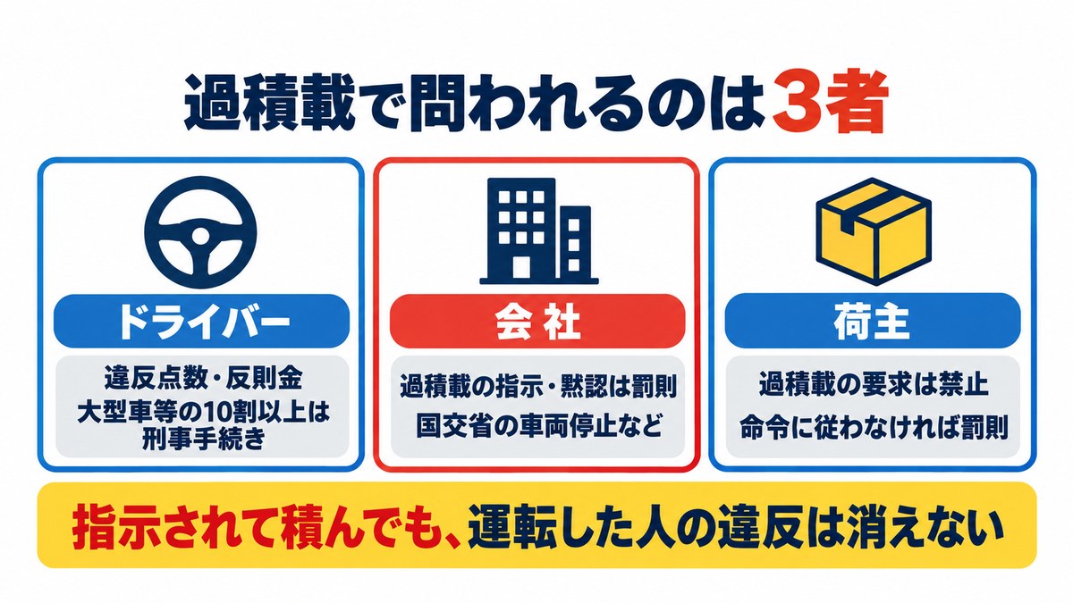 過積載で問われる3者。ドライバーは違反点数・反則金（大型車等の10割以上は刑事手続き）、会社は指示・黙認の罰則と国交省の処分、荷主は要求の禁止と命令違反の罰則
