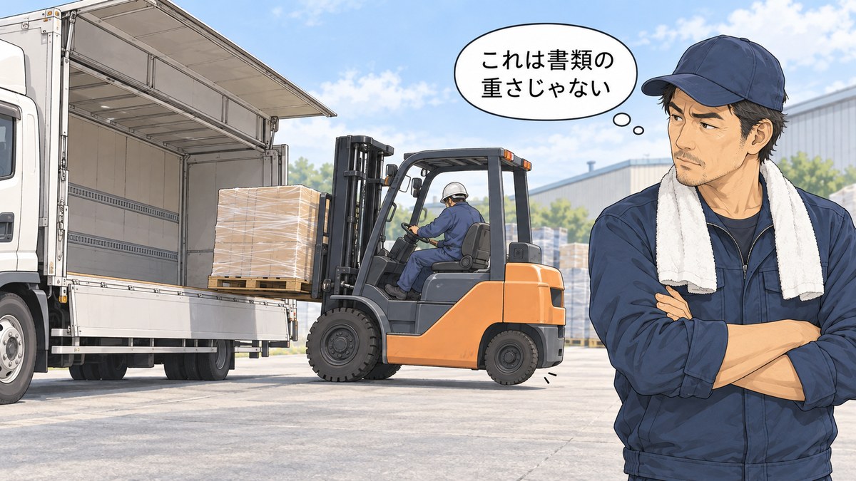 パレットを持ち上げたフォークリフトの後輪が浮きかけ、4トンウイングの横でドライバーが異変に気づくイラスト