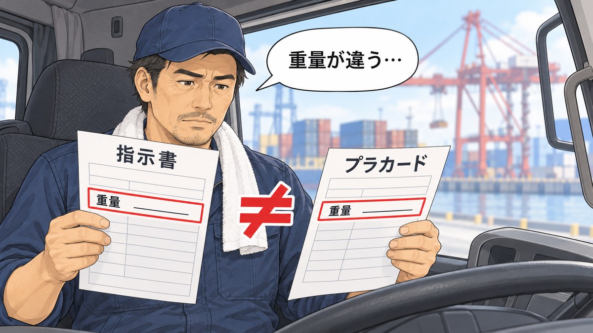 トラックの運転席で、指示書とプラカードの重量の欄が食い違っていることに気づくドライバーのイラスト