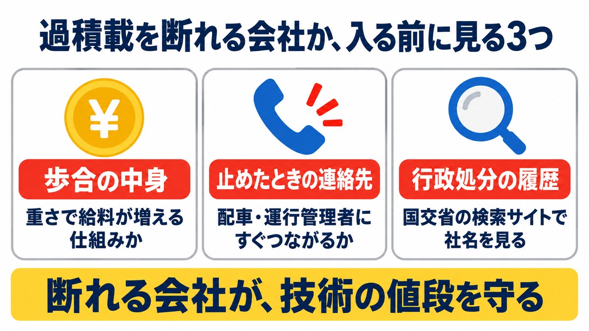 過積載を断れる会社か入る前に見る3つ。歩合の中身、止めたときの連絡先、行政処分の履歴